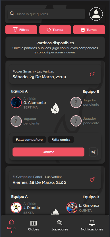 PADER App - Vista de partidos públicos